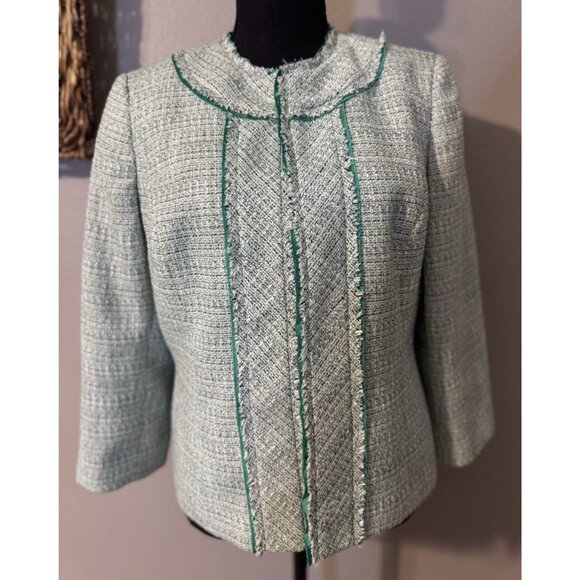 Kasper Tweed Blazer Jacket 10 Preppy Green White Gold Metallic Open Front - Picture 6 of 15
